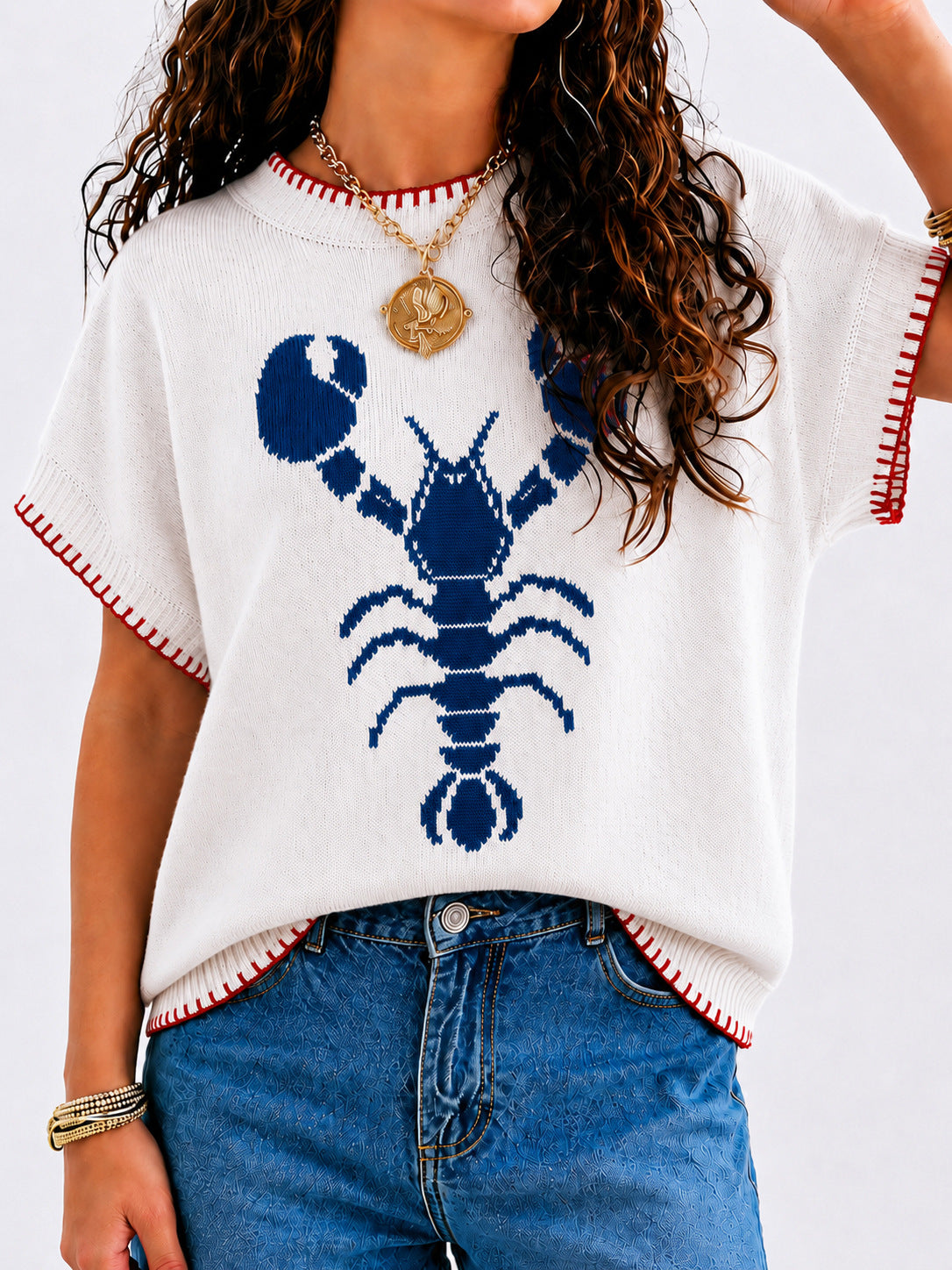Seaside Lobster Intarsia Knit Sweater - Blue
