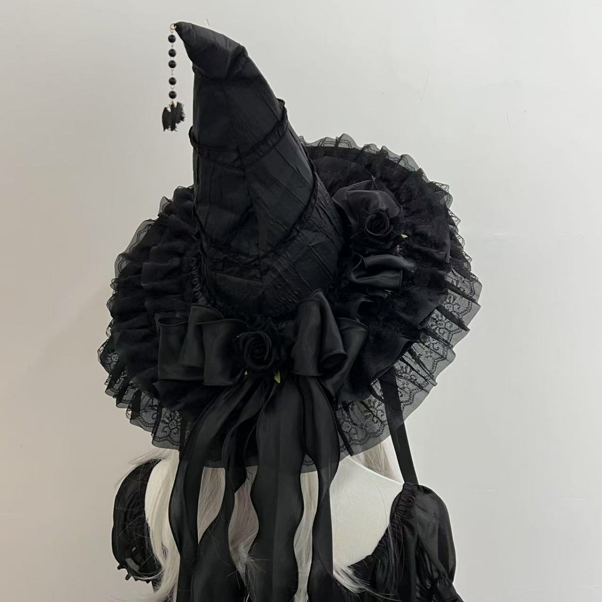 Witch Hat With Fabric Flowers And Ribbon Tails - Black