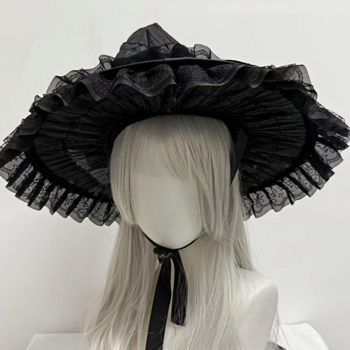 Witch Hat With Fabric Flowers And Ribbon Tails - Black - 1