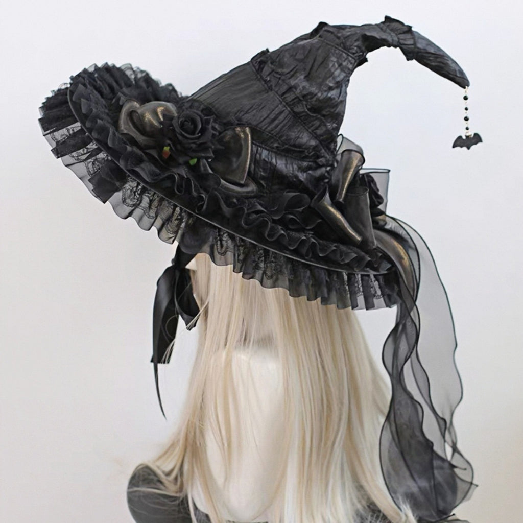 Witch Hat With Fabric Flowers And Ribbon Tails - Black - 3
