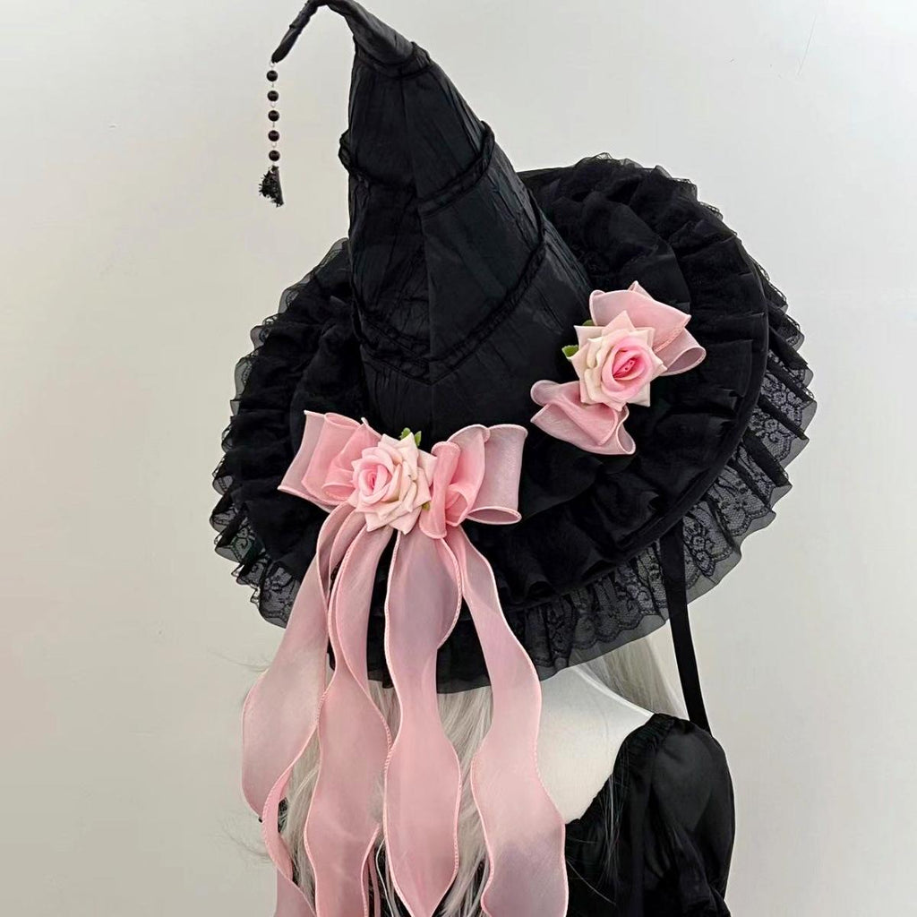 Witch Hat With Fabric Flowers And Ribbon Tails - Pink