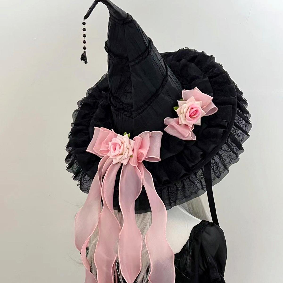 Witch Hat With Fabric Flowers And Ribbon Tails - Pink