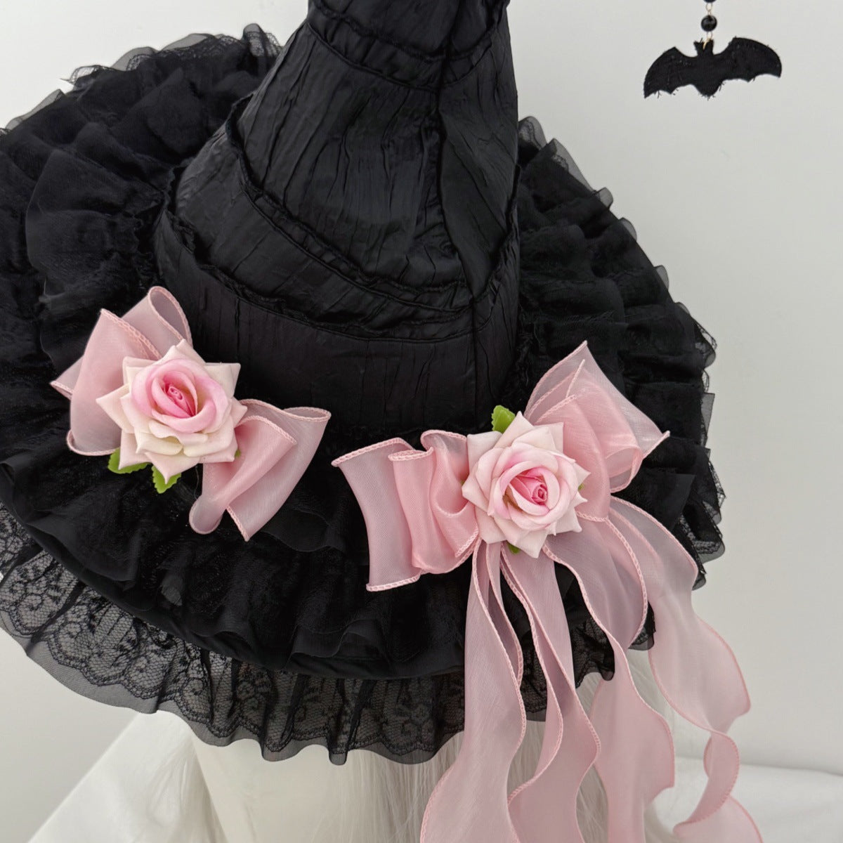 Witch Hat With Fabric Flowers And Ribbon Tails - Pink - 1