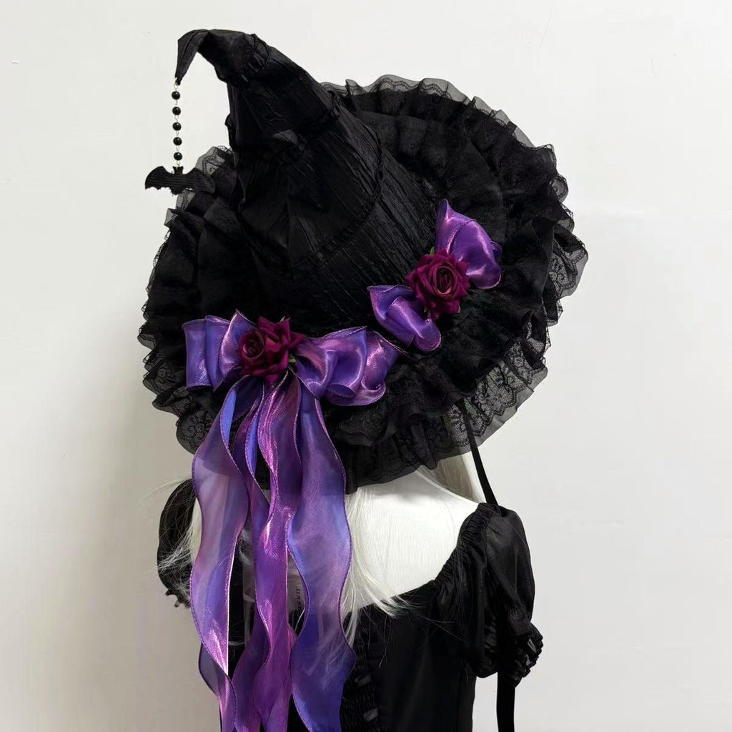 Witch Hat With Fabric Flowers And Ribbon Tails - Purple
