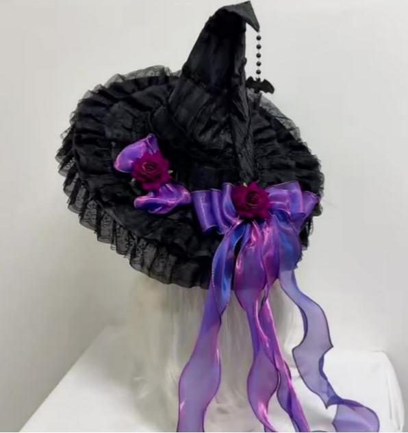 Witch Hat With Fabric Flowers And Ribbon Tails - Purple - 1