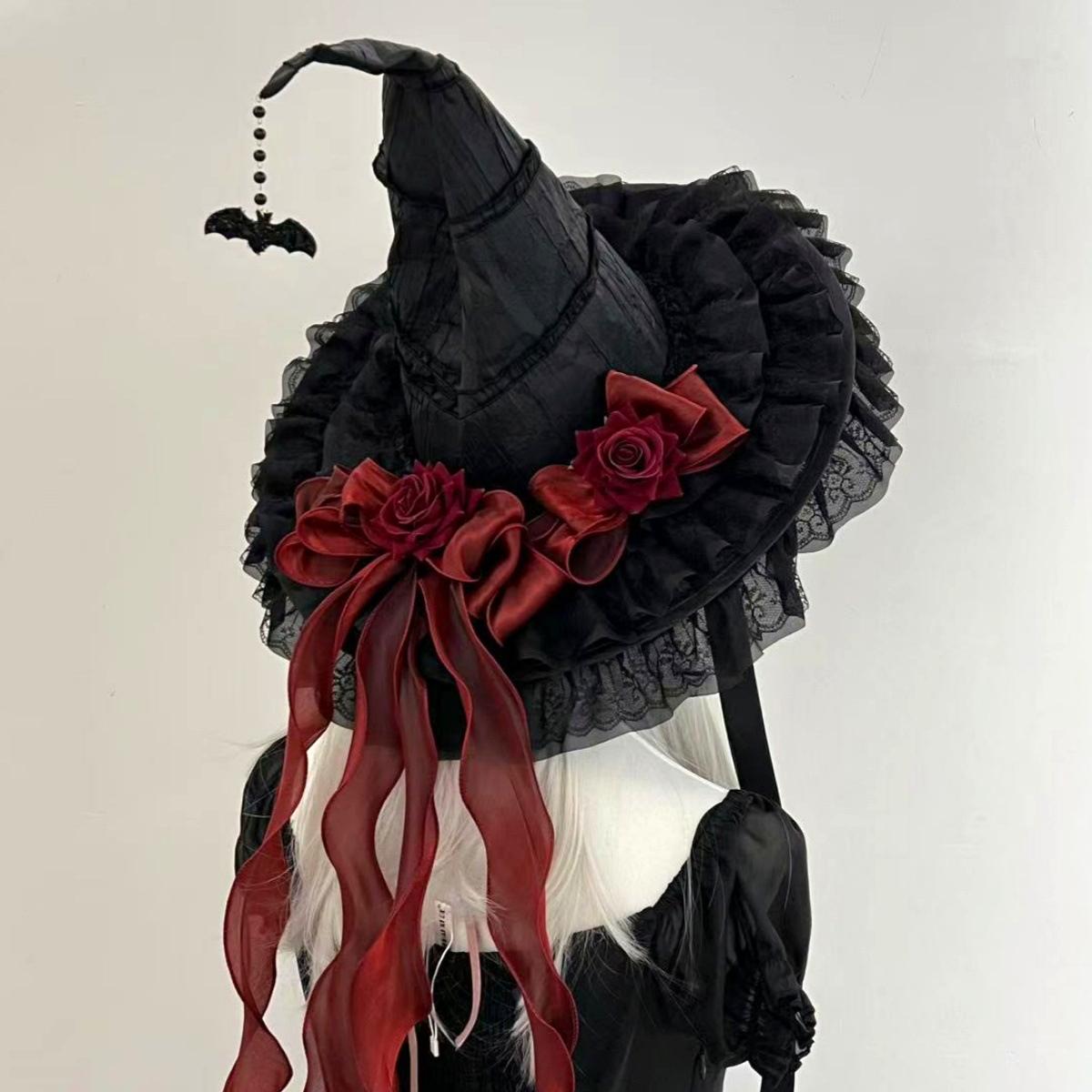 Witch Hat With Fabric Flowers And Ribbon Tails - Red