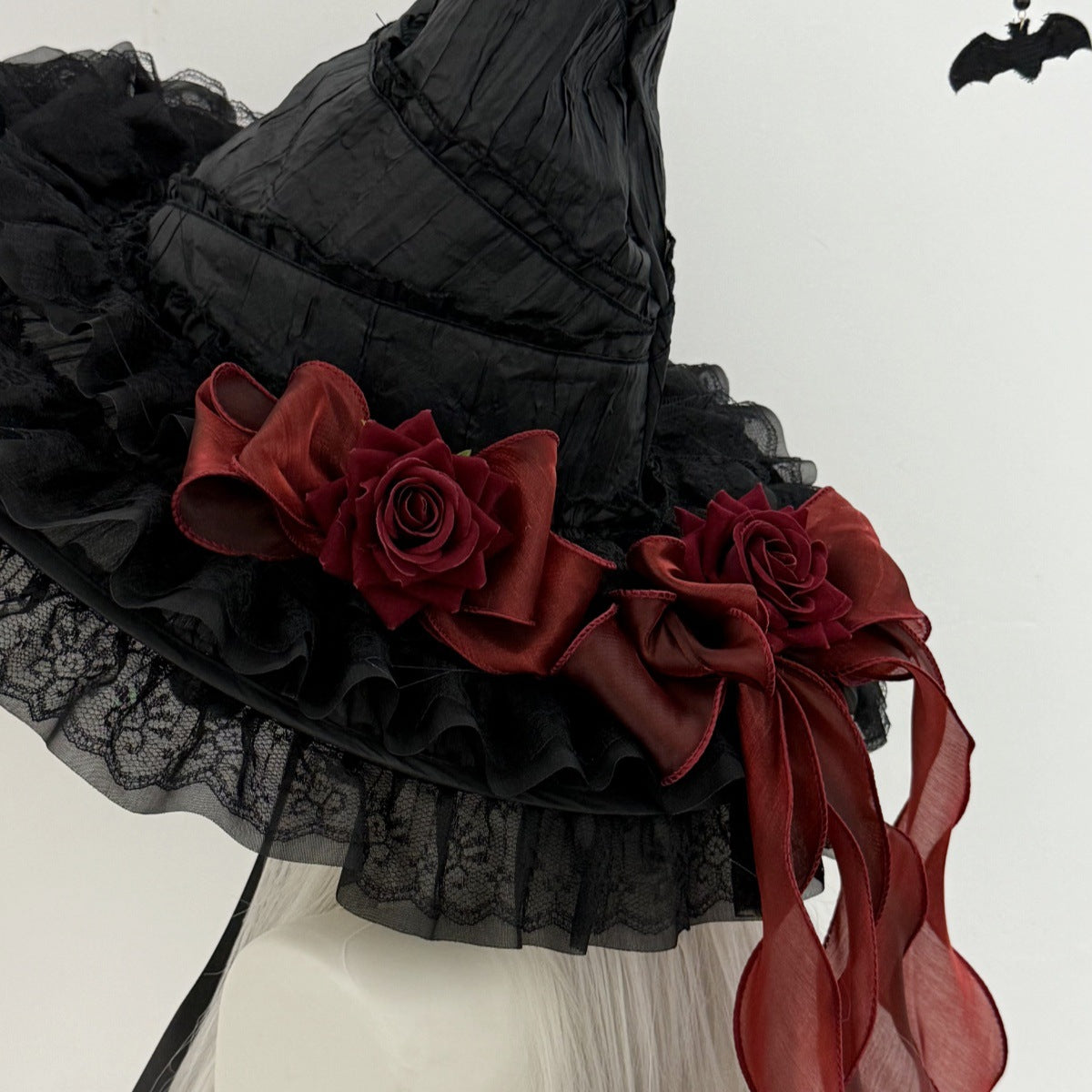 Witch Hat With Fabric Flowers And Ribbon Tails - Red - 1