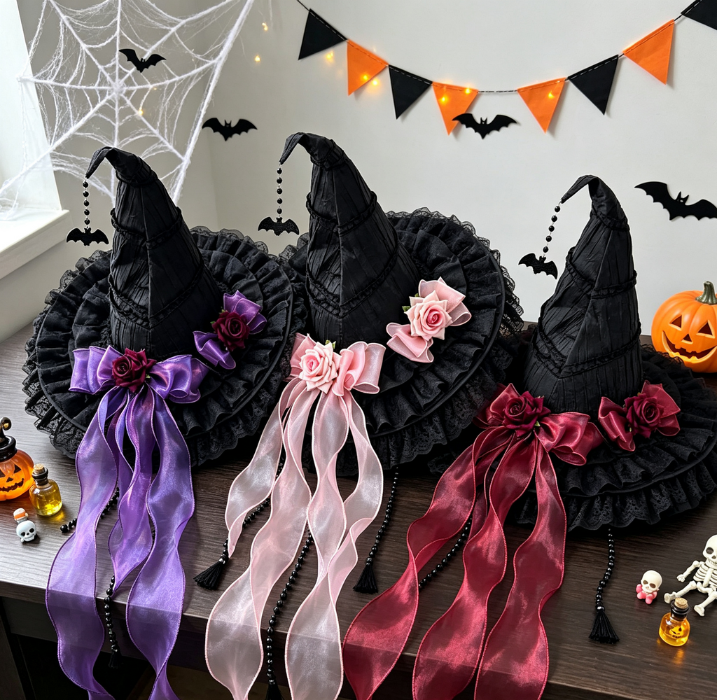 Witch Hat With Fabric Flowers And Ribbon Tails