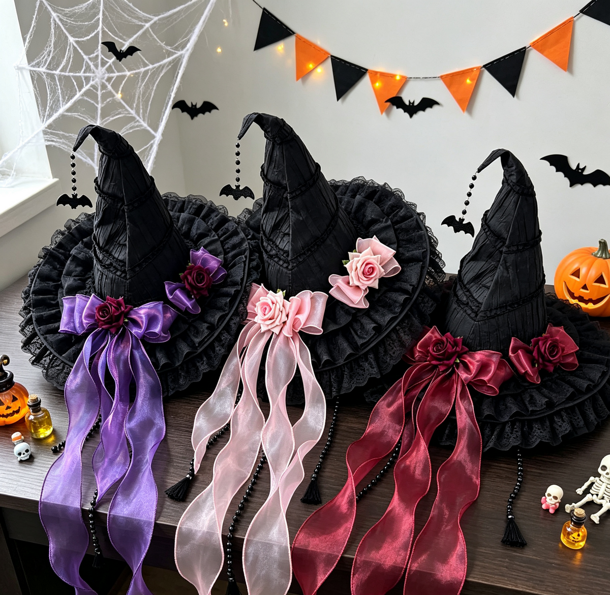 Witch Hat With Fabric Flowers And Ribbon Tails