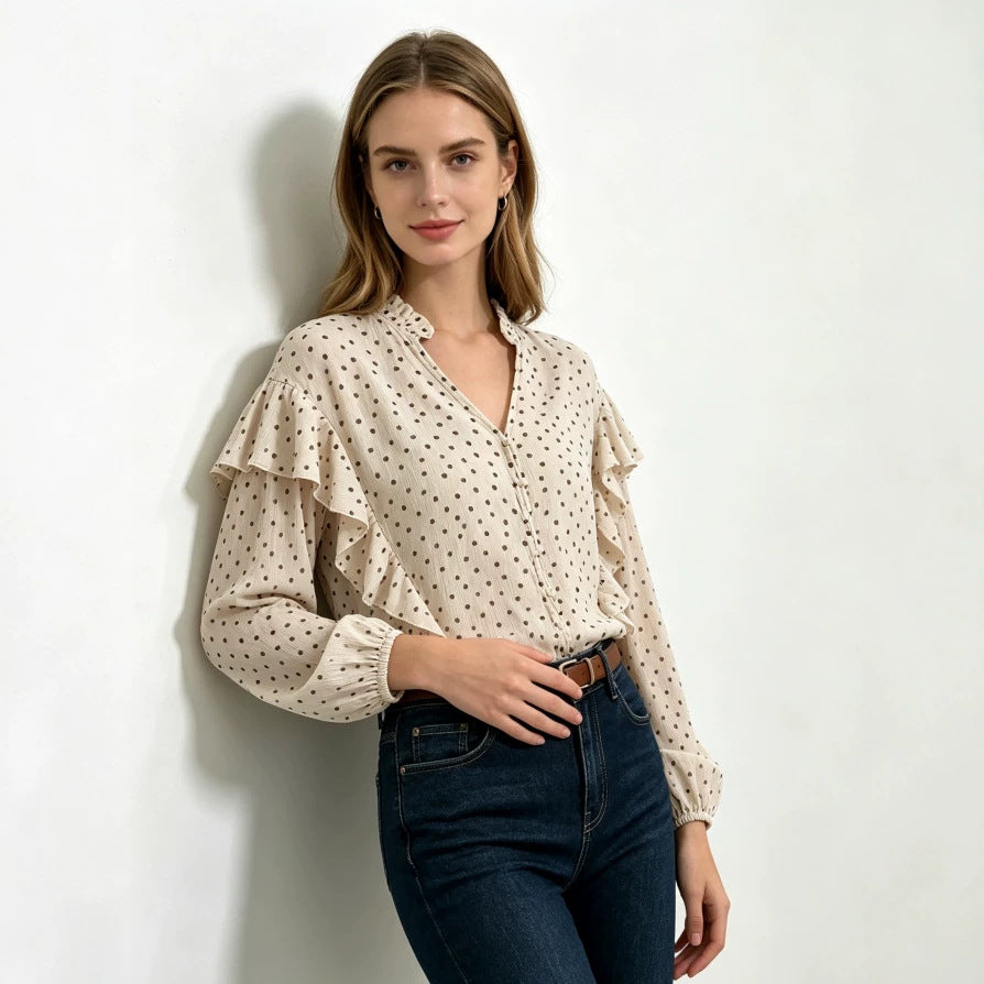 Polka Dot Blouse With Tiered Ruffle Sleeves - Apricot