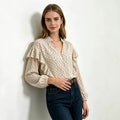 Polka Dot Blouse With Tiered Ruffle Sleeves - Apricot