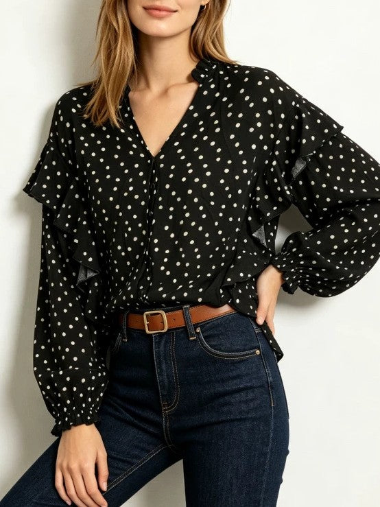Polka Dot Blouse With Tiered Ruffle Sleeves - Black