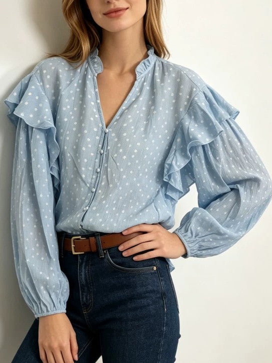 Polka Dot Blouse With Tiered Ruffle Sleeves - Blue