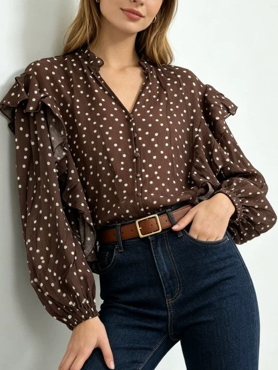 Polka Dot Blouse With Tiered Ruffle Sleeves - Coffee