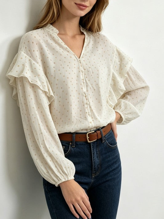 Polka Dot Blouse With Tiered Ruffle Sleeves - OffWhite