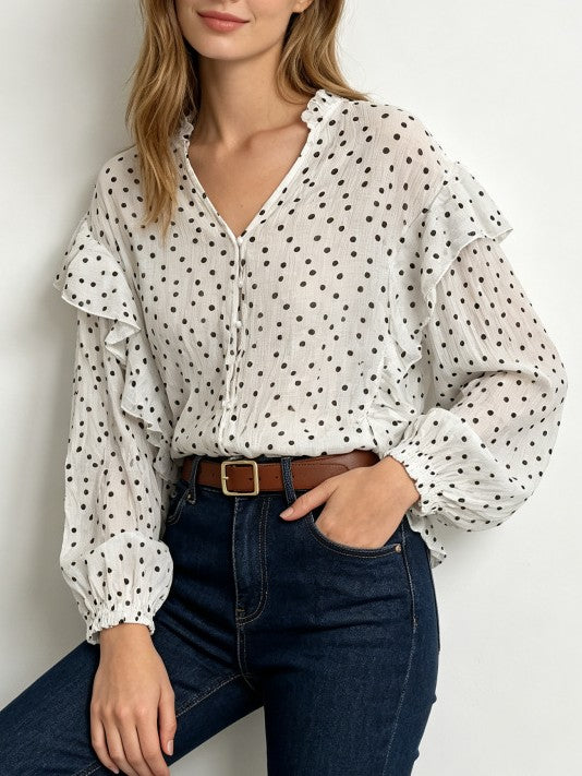 Polka Dot Blouse With Tiered Ruffle Sleeves - White