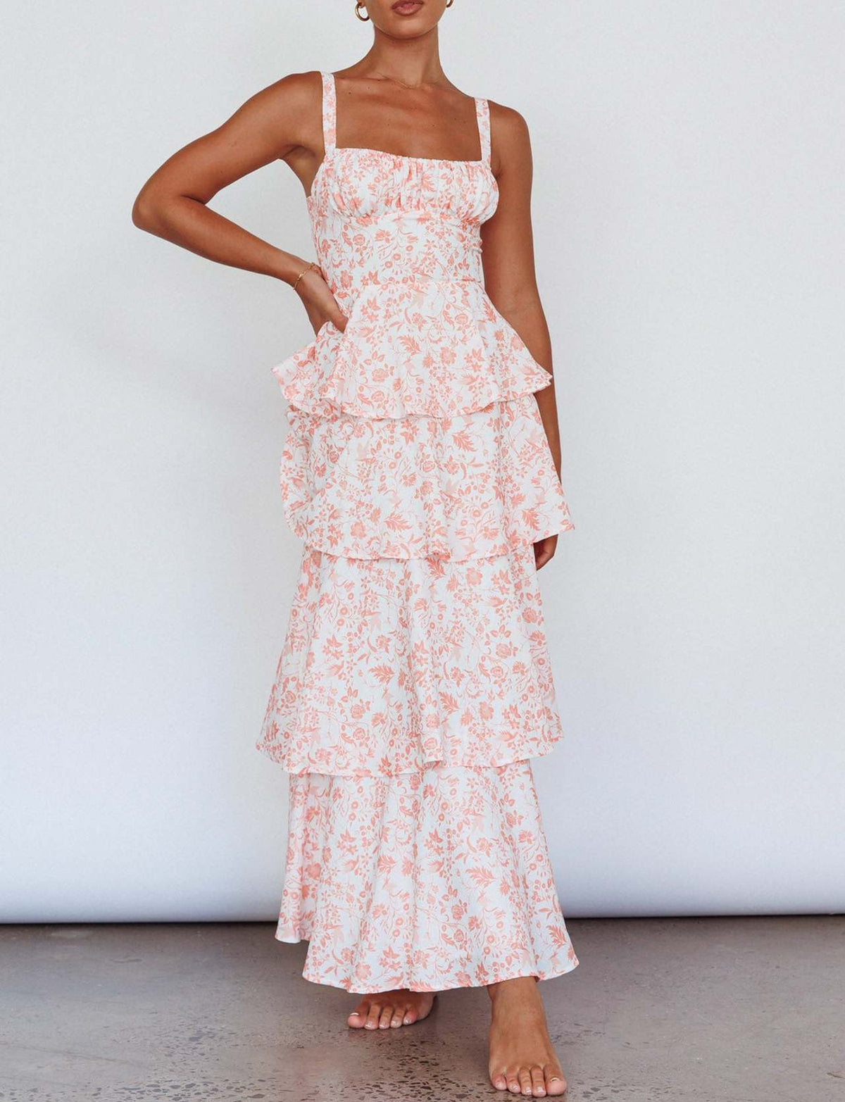 Tiered Ruffle Ditsy Floral Maxi Dress - Orange