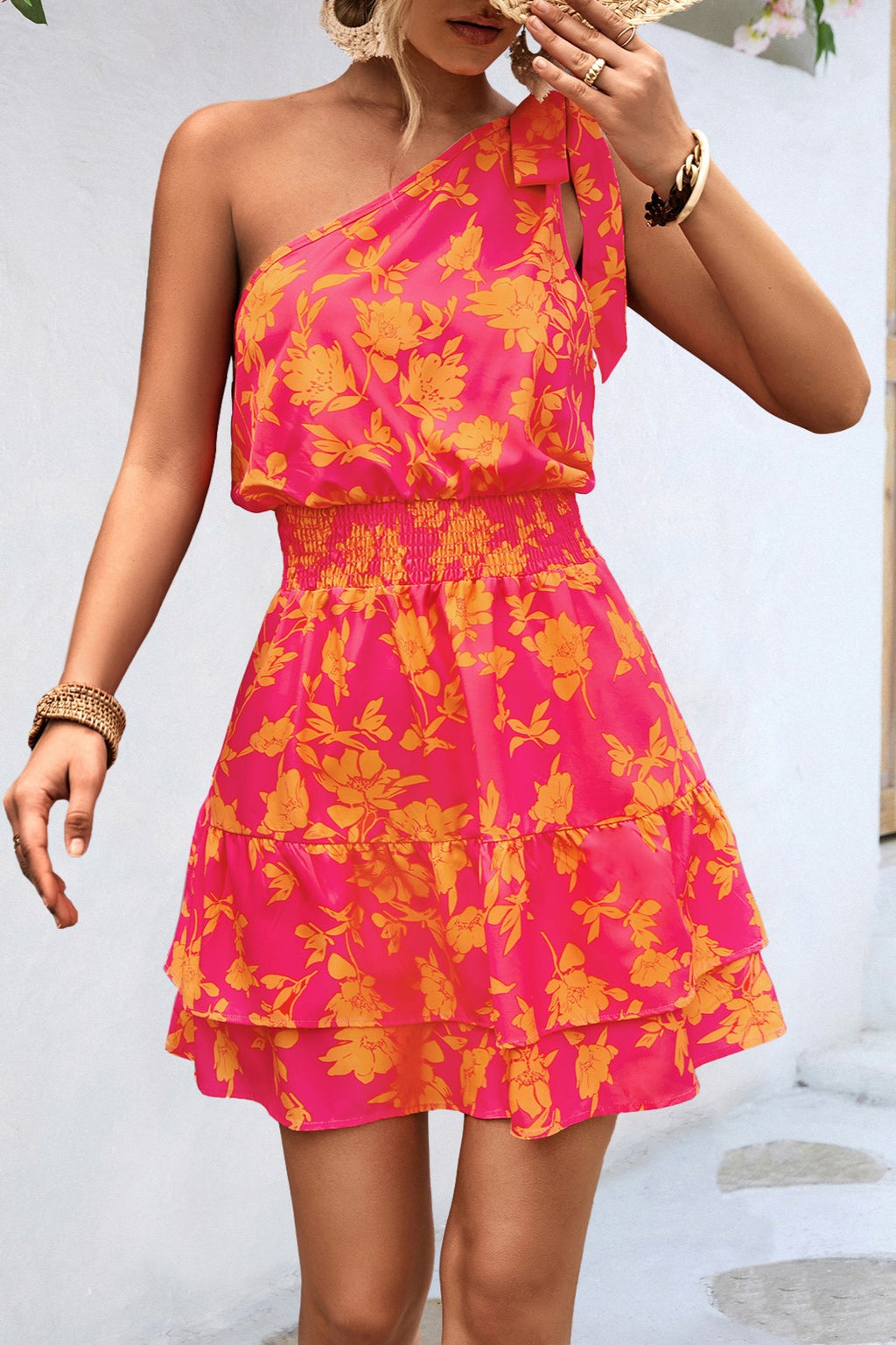 One Shoulder Floral Ruffle Mini Dress - Orange