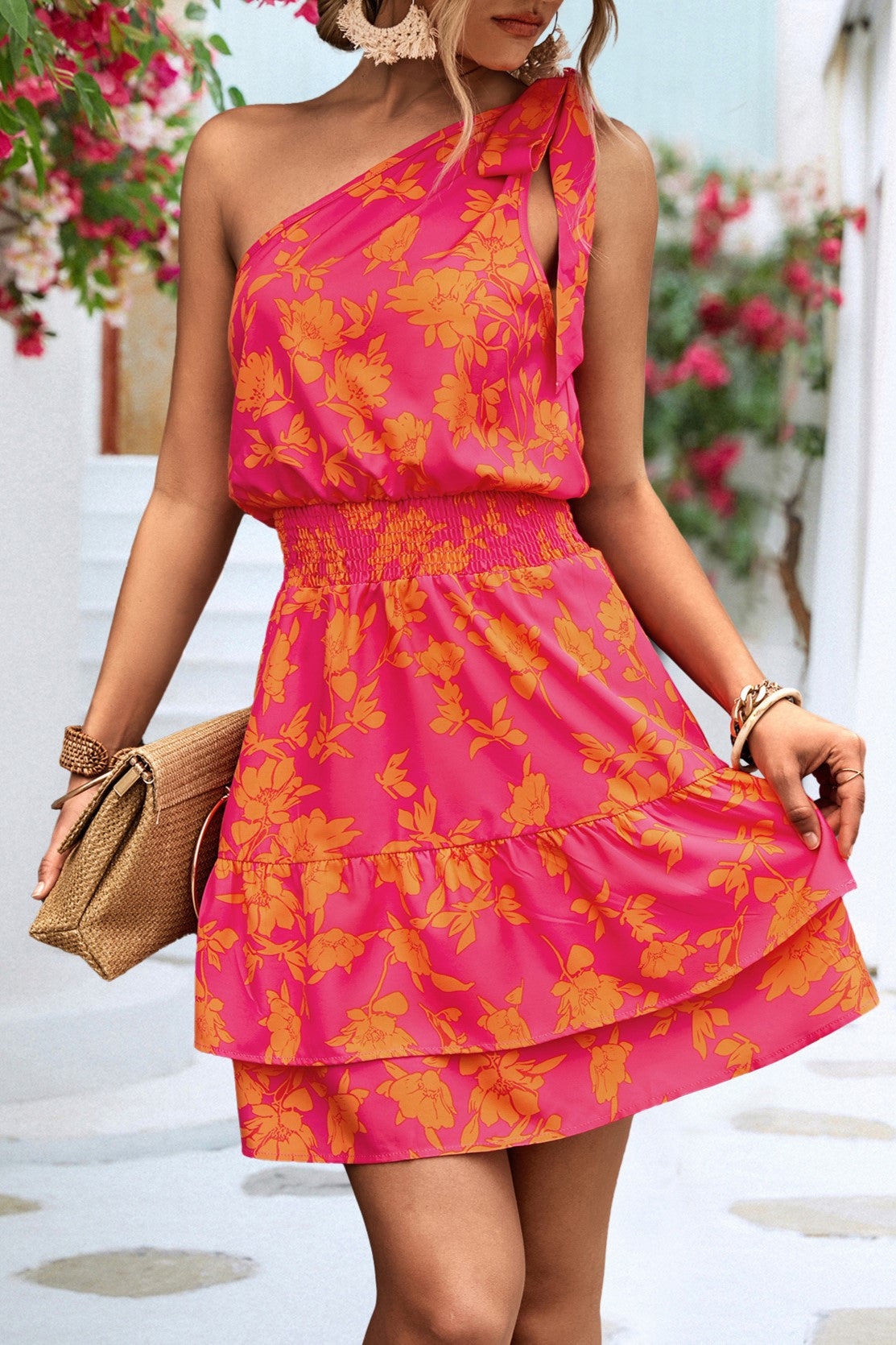 One Shoulder Floral Ruffle Mini Dress - Orange - 3