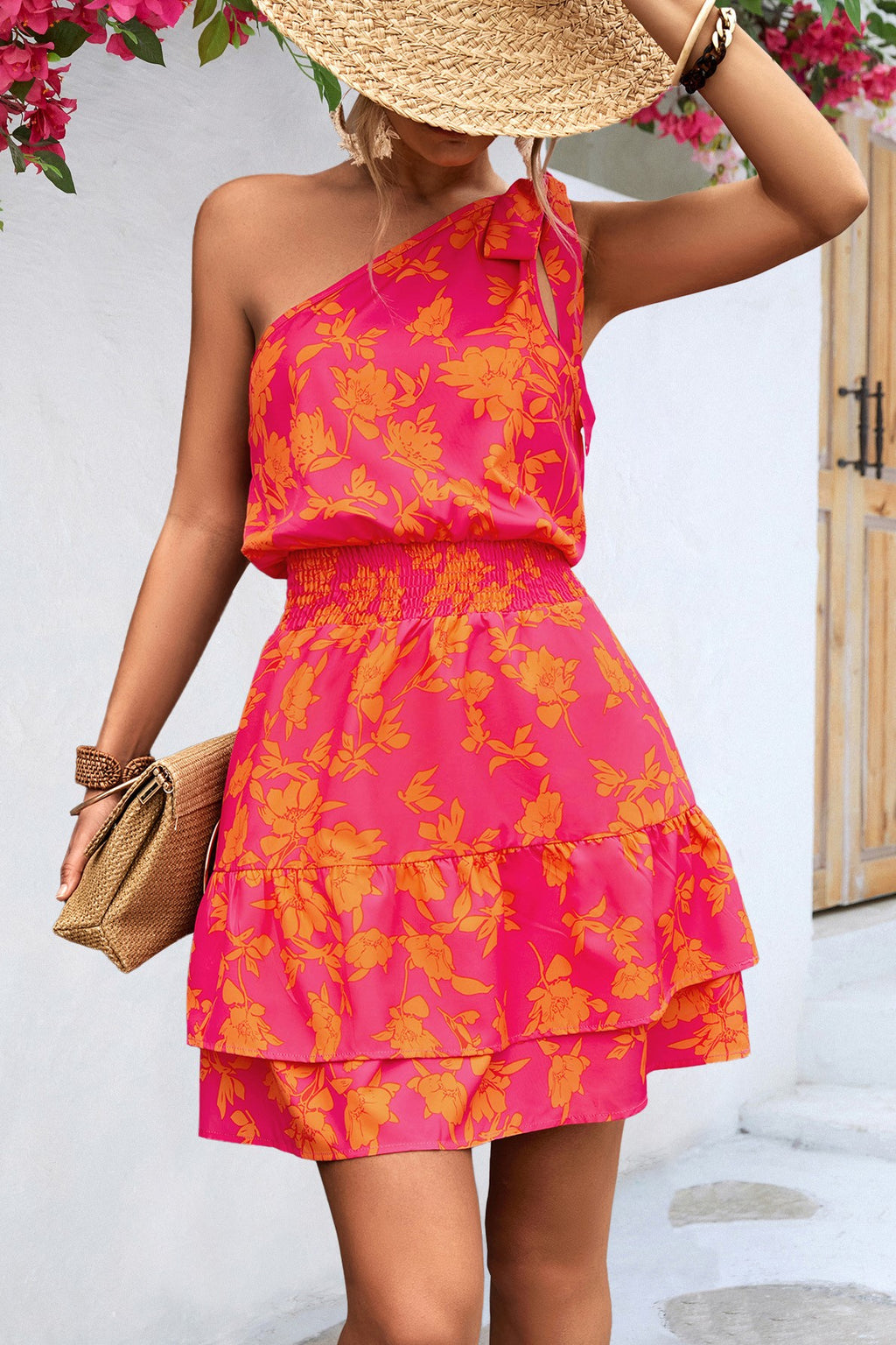 One Shoulder Floral Ruffle Mini Dress - Orange - 4