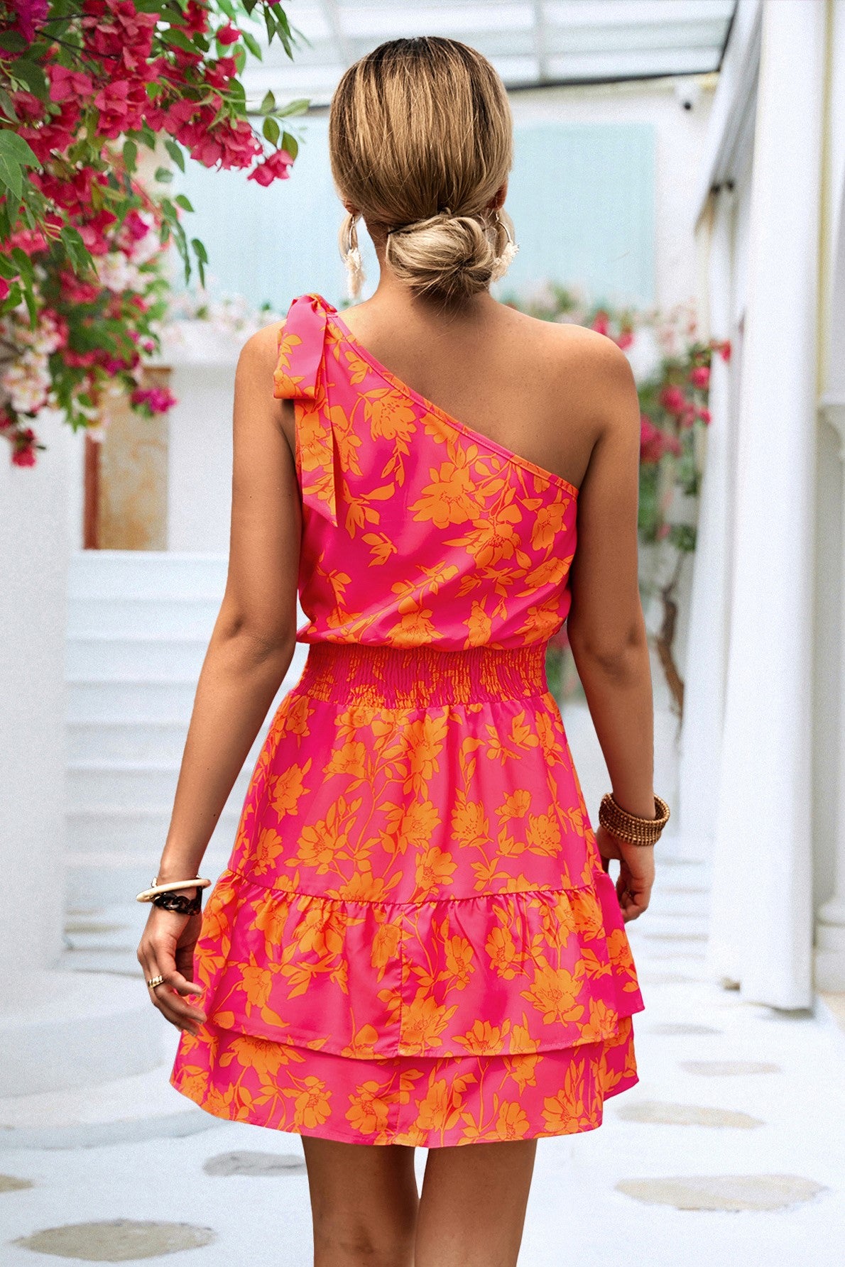 One Shoulder Floral Ruffle Mini Dress - Orange - 5