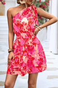 One Shoulder Floral Ruffle Mini Dress - Pink