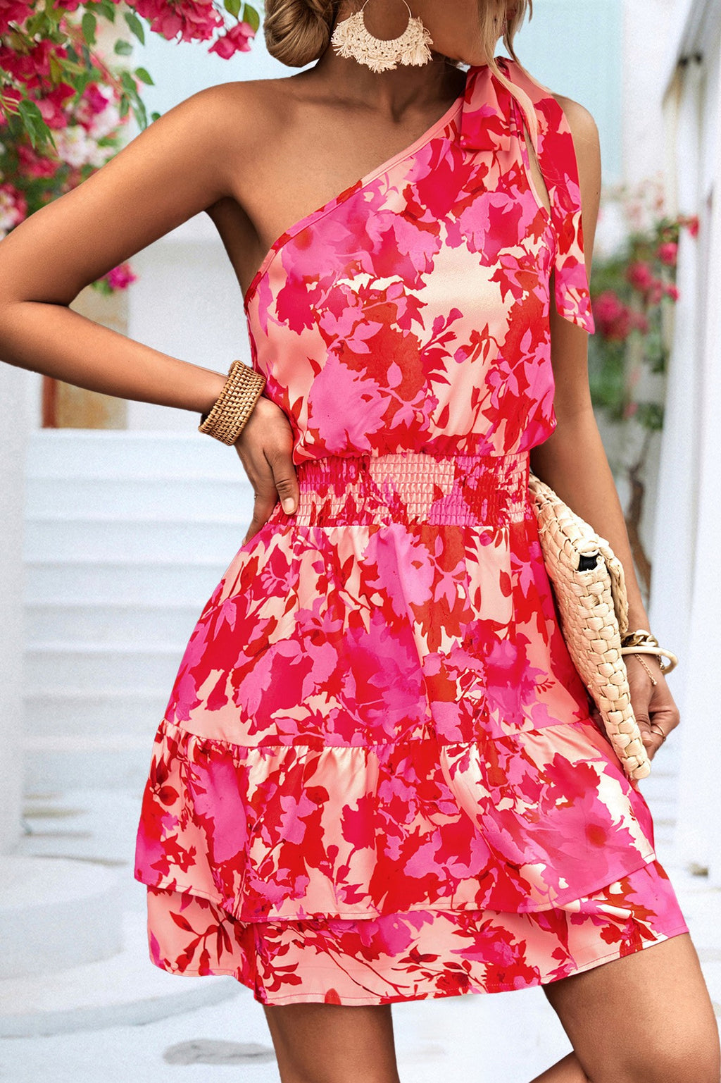 One Shoulder Floral Ruffle Mini Dress - Pink - 4
