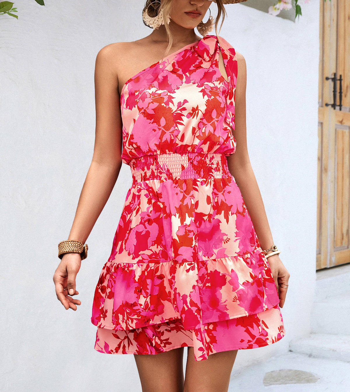One Shoulder Floral Ruffle Mini Dress