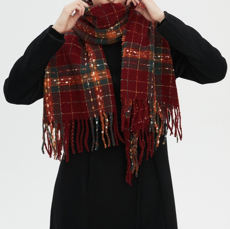 Wine Check Fringed Long Winter Scarf - Red