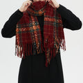 Wine Check Fringed Long Winter Scarf - Red