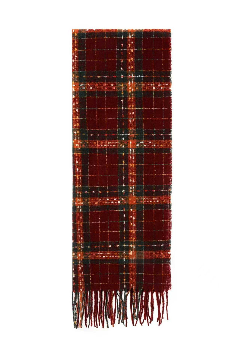 Wine Check Fringed Long Winter Scarf - Red - 1
