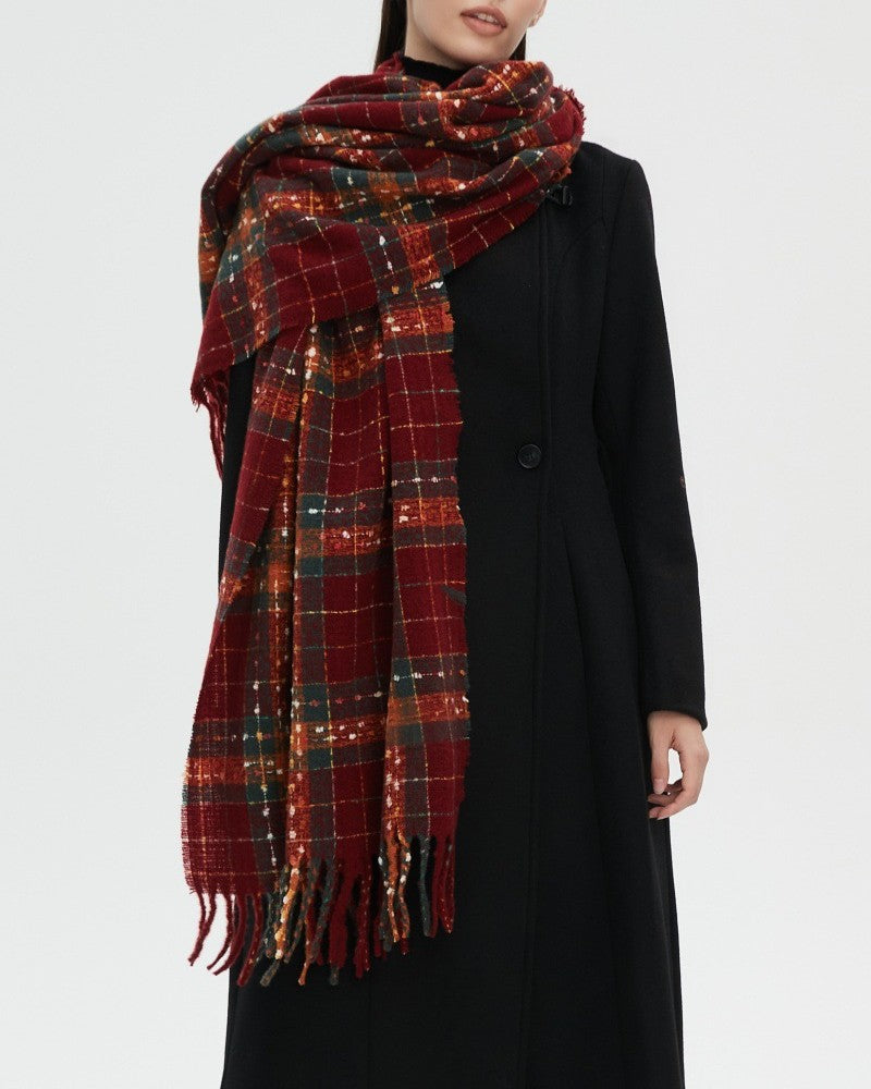 Wine Check Fringed Long Winter Scarf - Red - 2