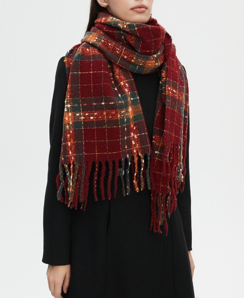 Wine Check Fringed Long Winter Scarf - Red - 3