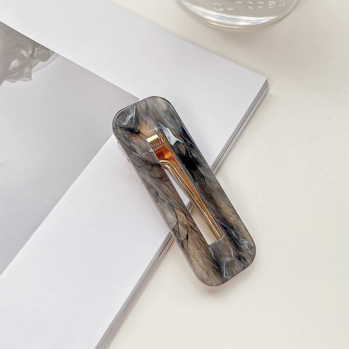 Marbled Acrylic Rectangle Snap Hair Clip - grey