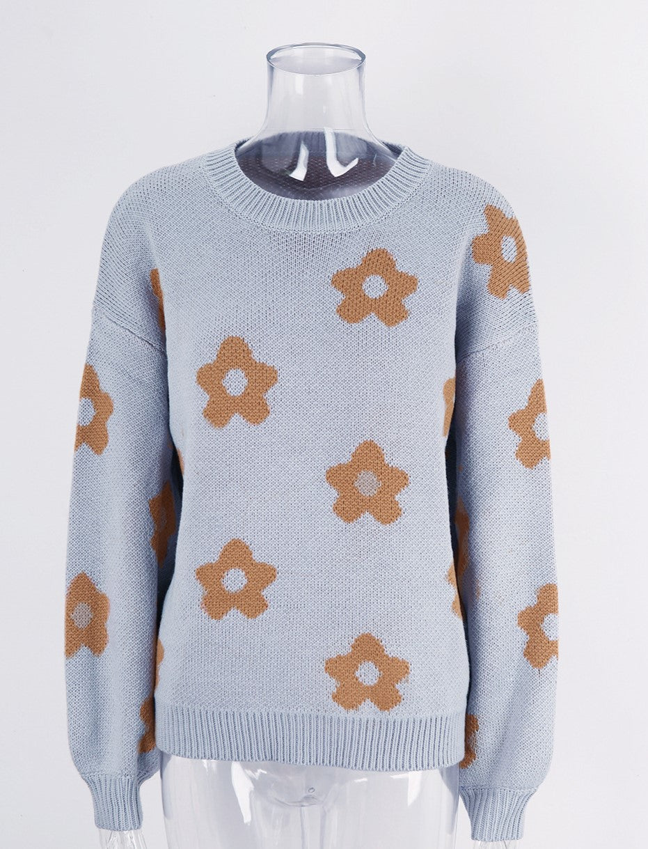 Balloon Sleeve Floral Jacquard Knit Sweater - Grey