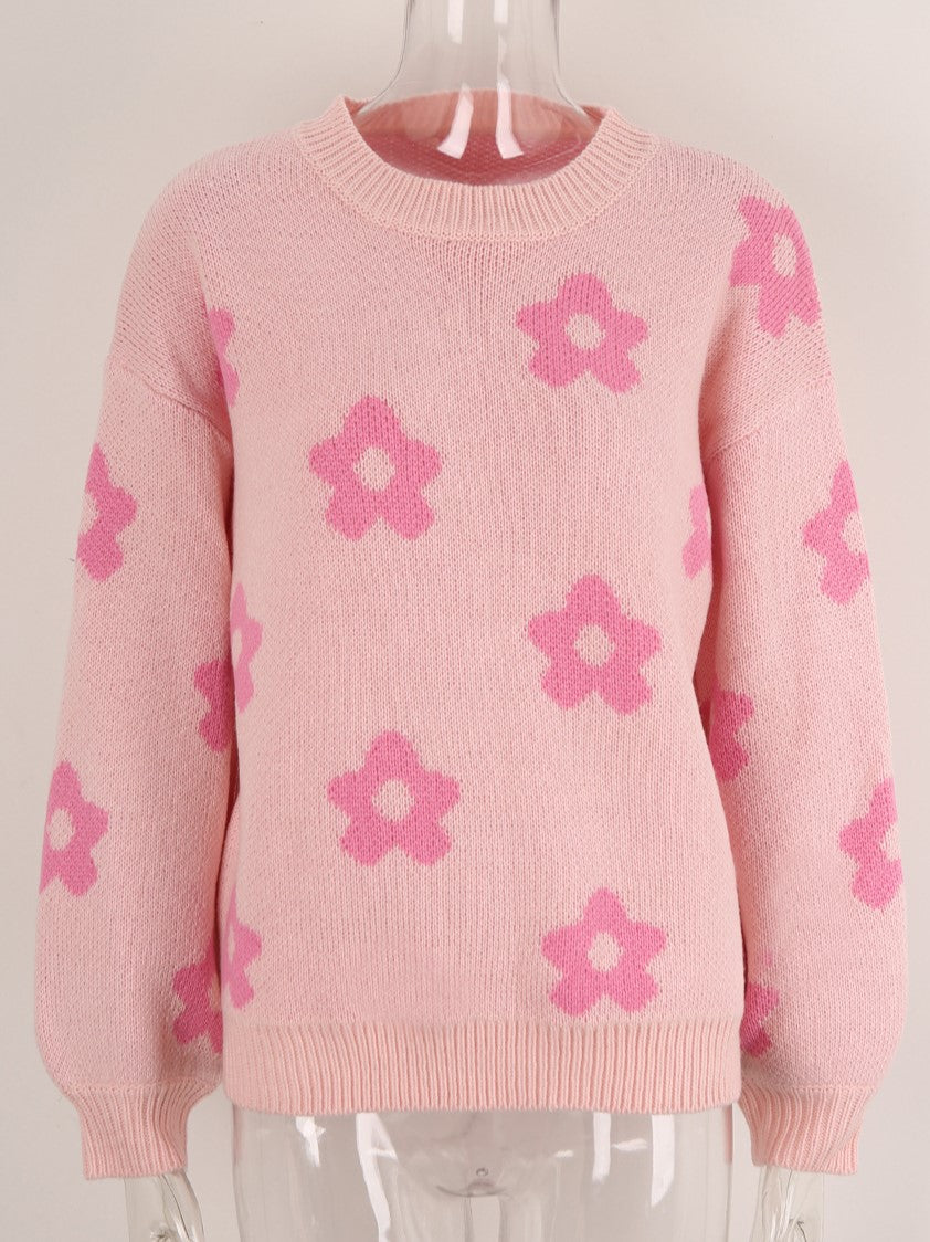 Balloon Sleeve Floral Jacquard Knit Sweater - Pink