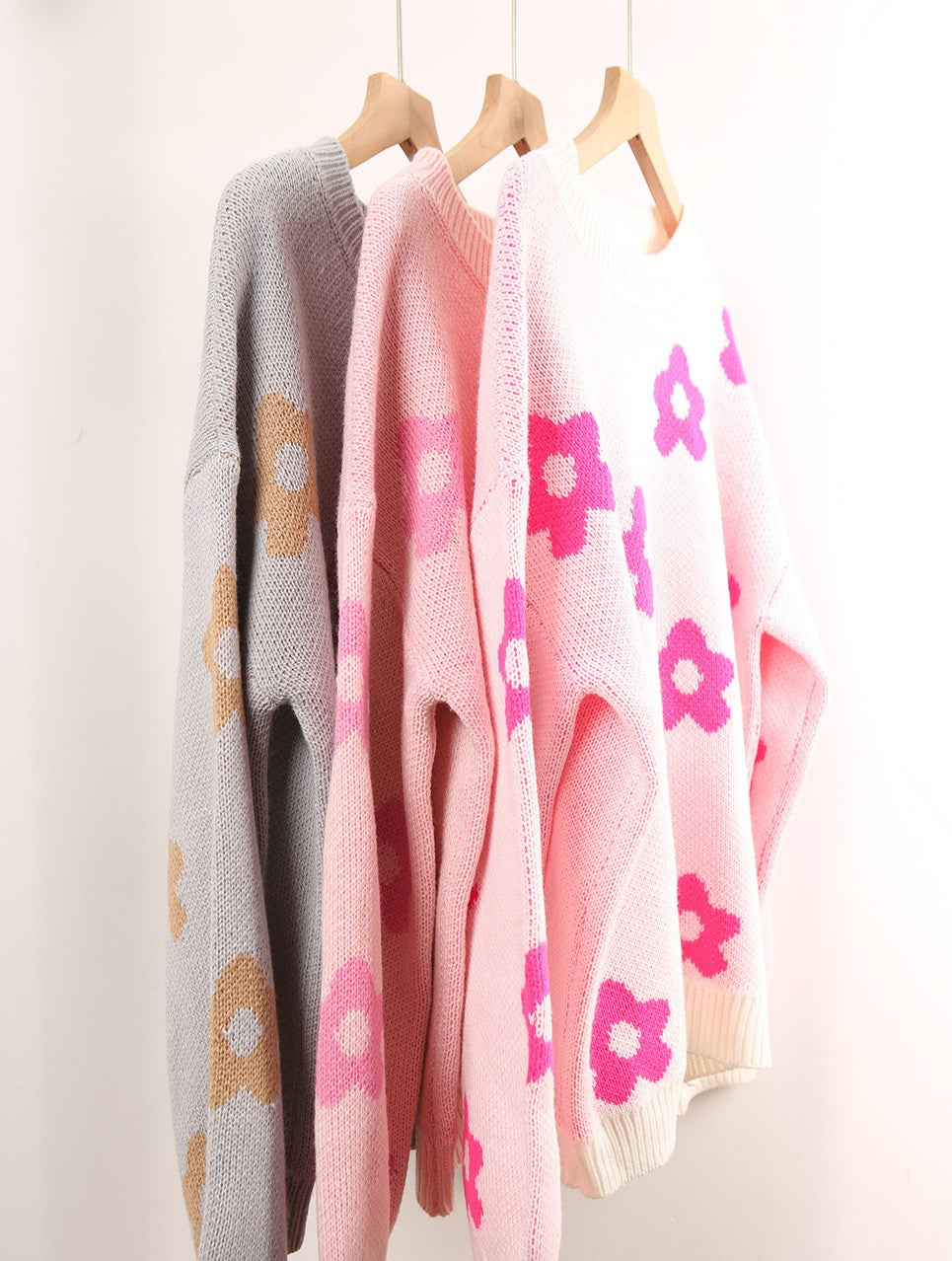 Balloon Sleeve Floral Jacquard Knit Sweater - Pink - 1