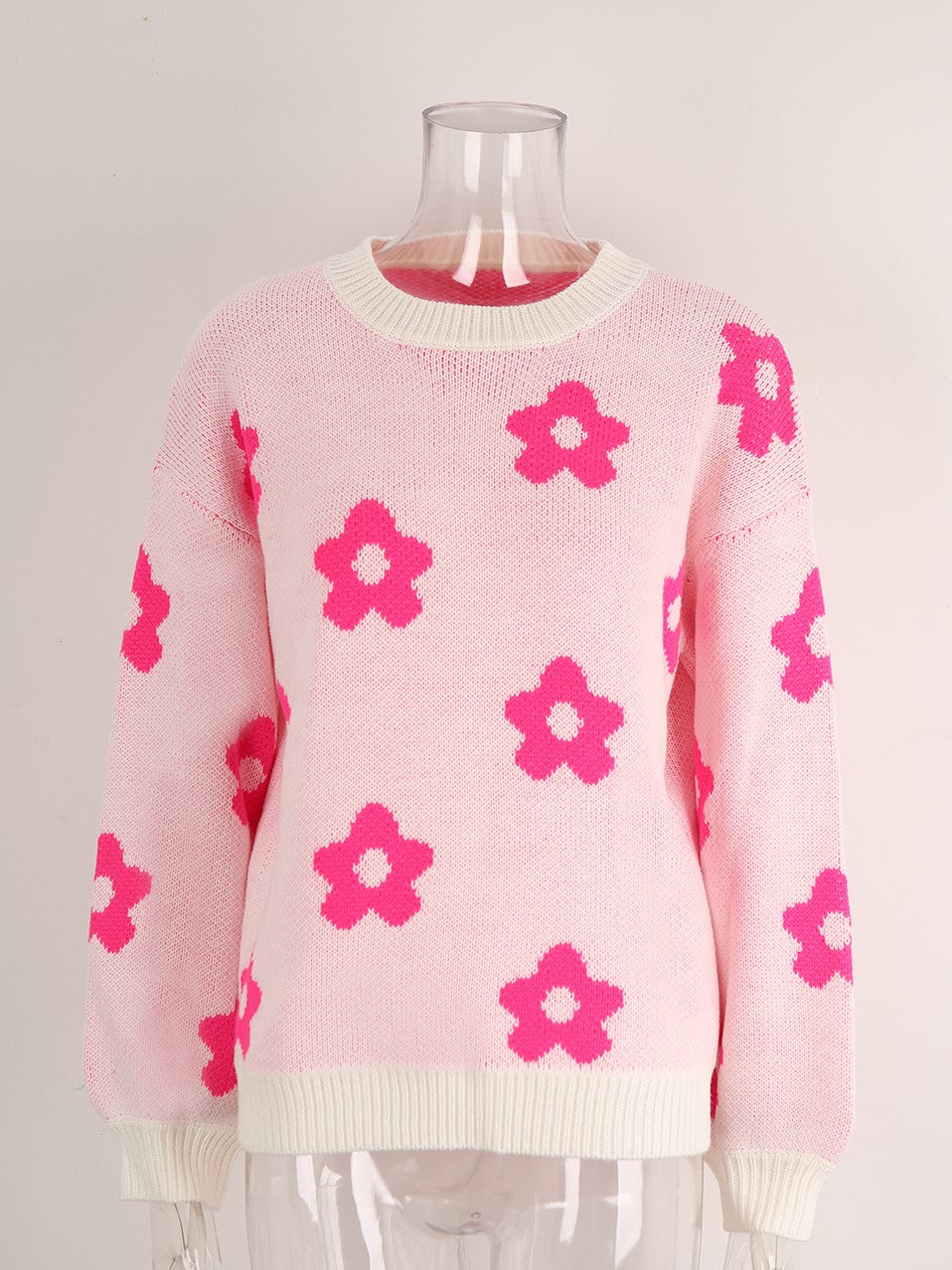 Balloon Sleeve Floral Jacquard Knit Sweater - White