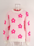 Balloon Sleeve Floral Jacquard Knit Sweater - White
