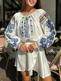 Boho Peasant Blouse With Folk Floral Print - White