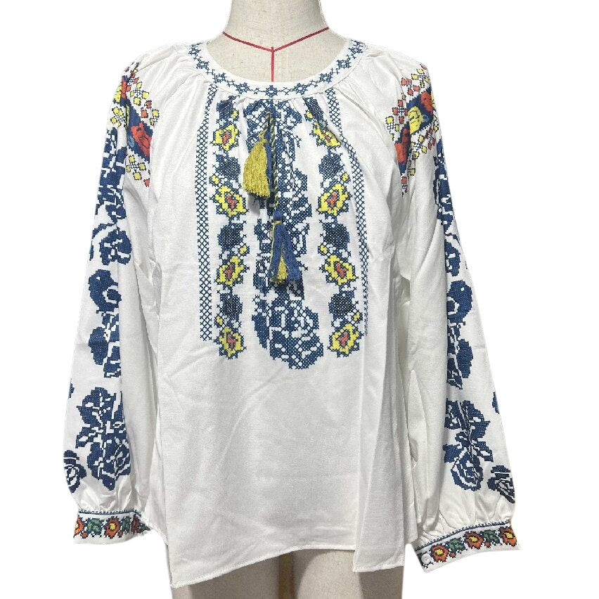 Boho Peasant Blouse With Folk Floral Print - White - 1