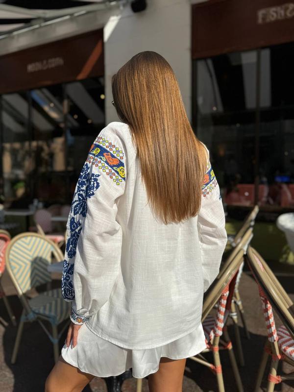 Boho Peasant Blouse With Folk Floral Print - White - 2
