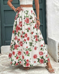 Rose Print Maxi Skirt With Flared Sweep - Red