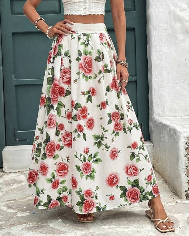 Rose Print Maxi Skirt With Flared Sweep - Red