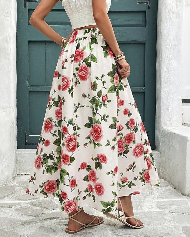 Rose Print Maxi Skirt With Flared Sweep - Red - 1