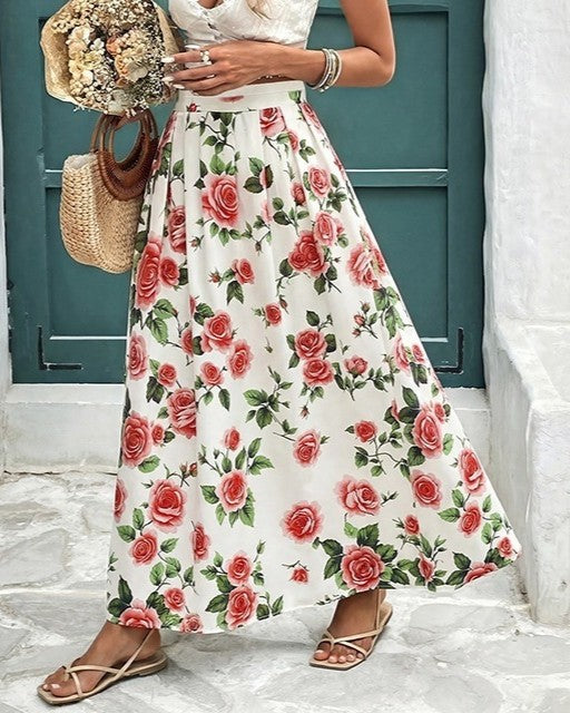 Rose Print Maxi Skirt With Flared Sweep - Red - 2