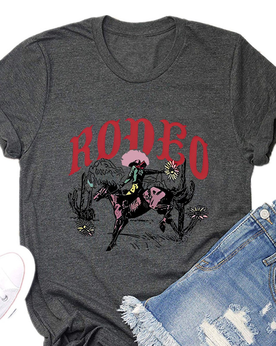 Bucking Bronco Rodeo Graphic Short Sleeve Tee - Gray-Black