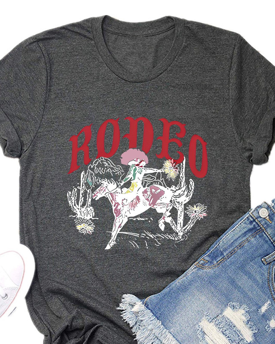 Bucking Bronco Rodeo Graphic Short Sleeve Tee - Gray-White