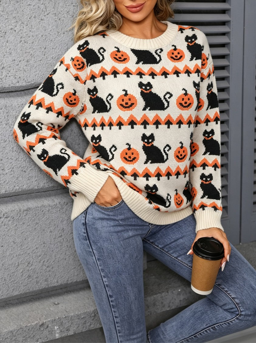 Spooky Pumpkin Cat Jacquard Crewneck Sweater - Beige