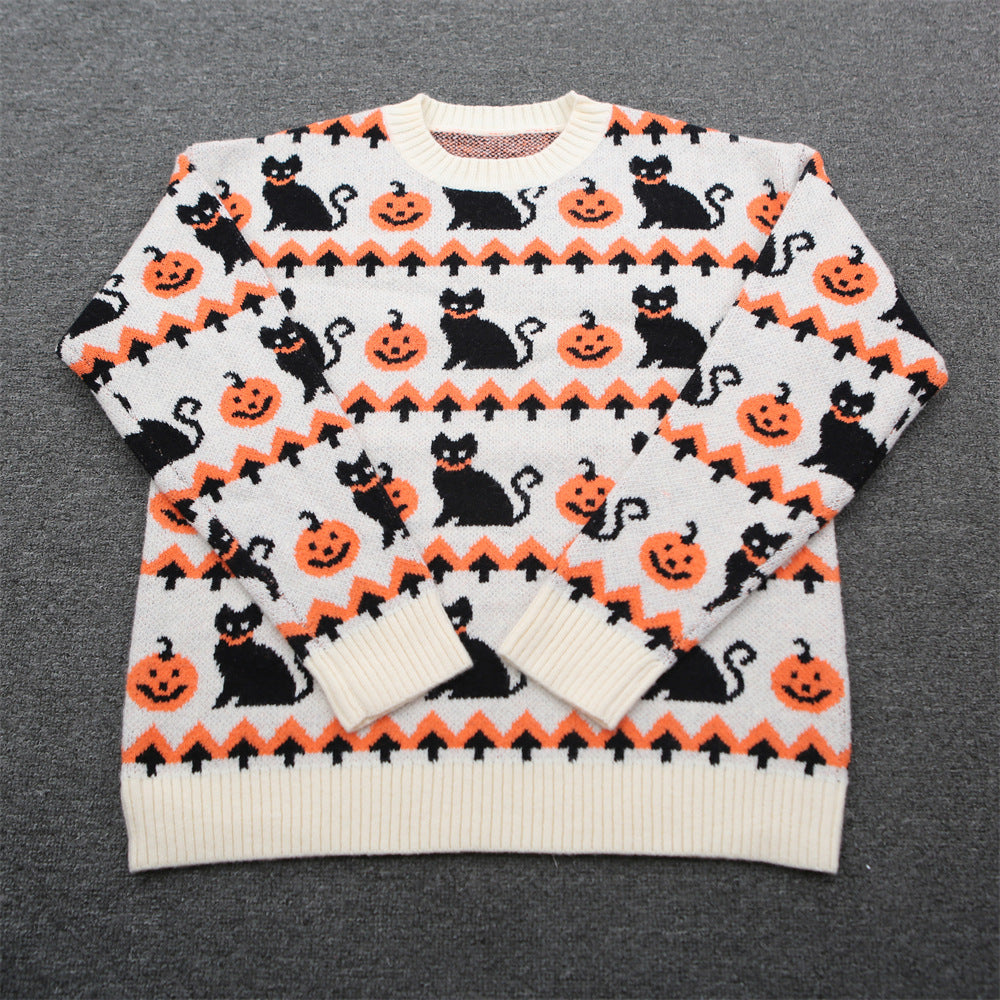 Spooky Pumpkin Cat Jacquard Crewneck Sweater - Beige - 1